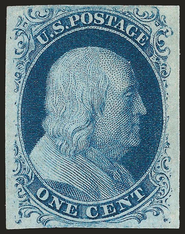 1c Blue, Ty. II (7).> Plate 2, original gum, lightly hinged, large to full margins, brilliant color, Extremely Fine, with 2005 P.F. and 2006 P.S.E. certificates (OGph, XF 90 SMQ $2,700.00)