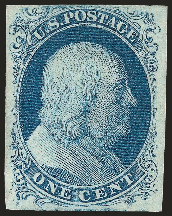 1c Blue, Ty. II (7).> Unused (no gum), large to full margins, beautiful shade, faint vertical crease at right, Extremely Fine appearance, with 1991 P.F. certificate