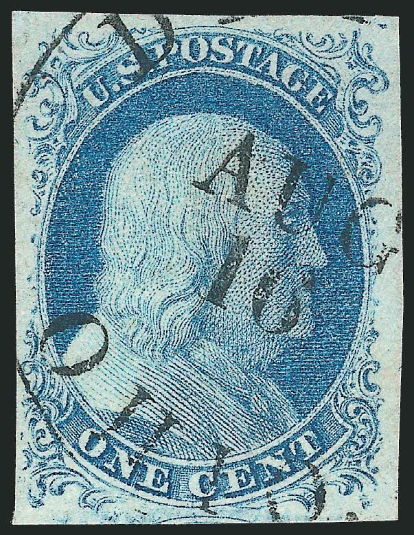 1c Blue, Ty. II (7).> Position 6L1E, large even margins all around, bright Plate 1 Early color, neat strike of circular datestamp, Extremely Fine Gem, a beautiful stamp, with 2007 P.S.E. certificate (XF-Superb 95
SMQ $990.00)