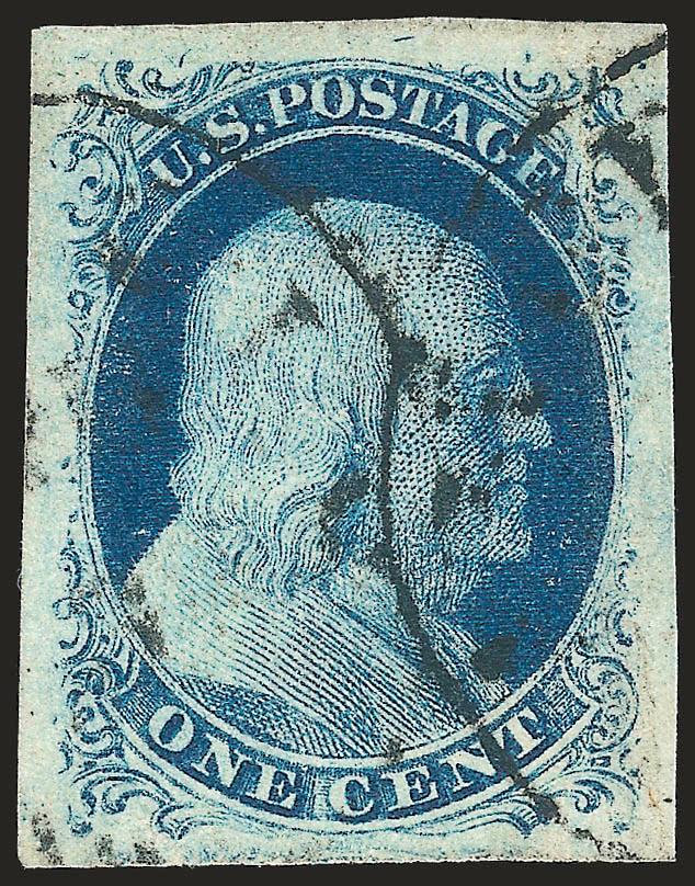 1c Blue, Ty. II (7).> Position 1L2, the Misplaced Transfer position, enormous margins all around, deep rich color, light vertical crease, Extremely Fine appearance