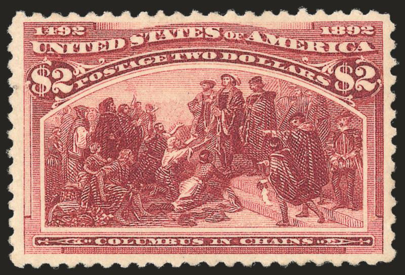 $2.00 Columbian (242).> Original gum, beautifully centered, rich color on bright paper, tiny thin spot, Extremely Fine appearance, with 1984 P.F. certificate that does not mention the thin