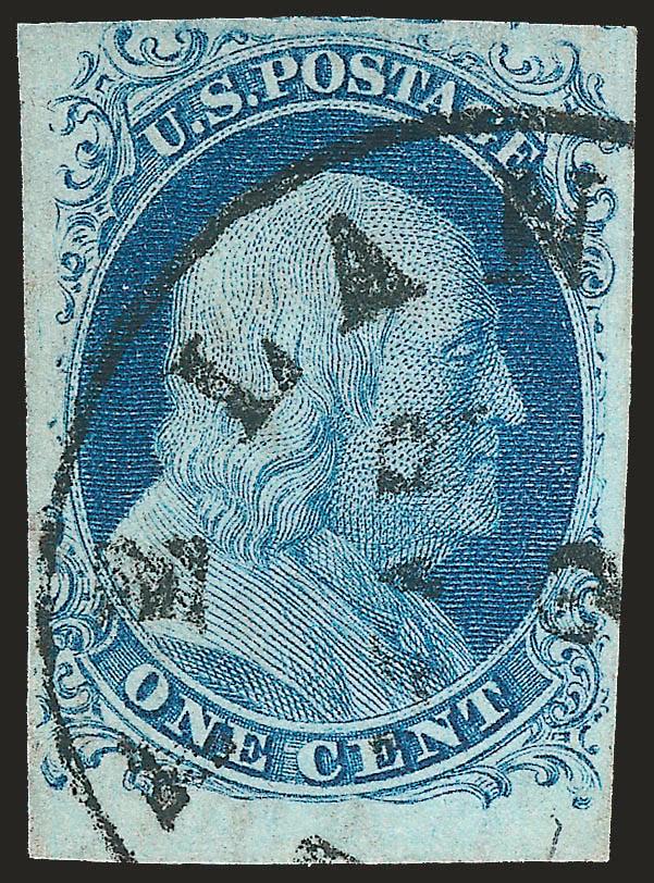 1c Blue, Ty. II (7).> Plate 2, large margins incl. <sheet margin> at bottom, neat strike of town circular datestamp, Very Fine and choice, with 1995 P.F. certificate