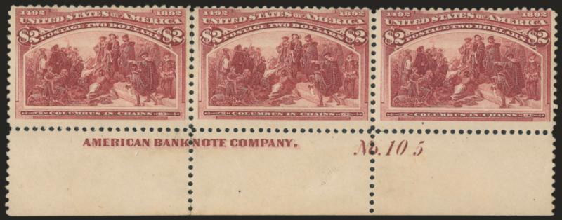 $2.00 Columbian (242).> Bottom imprint and plate no. 105 strip of three, original gum, radiant color, few rejoined perf separations, center stamp tiny thin speck<><>^FINE AND ATTRACTIVE IMPRINT AND PLATE NUMBER
STRIP OF THREE OF THE $2.00 COLUMBIAN