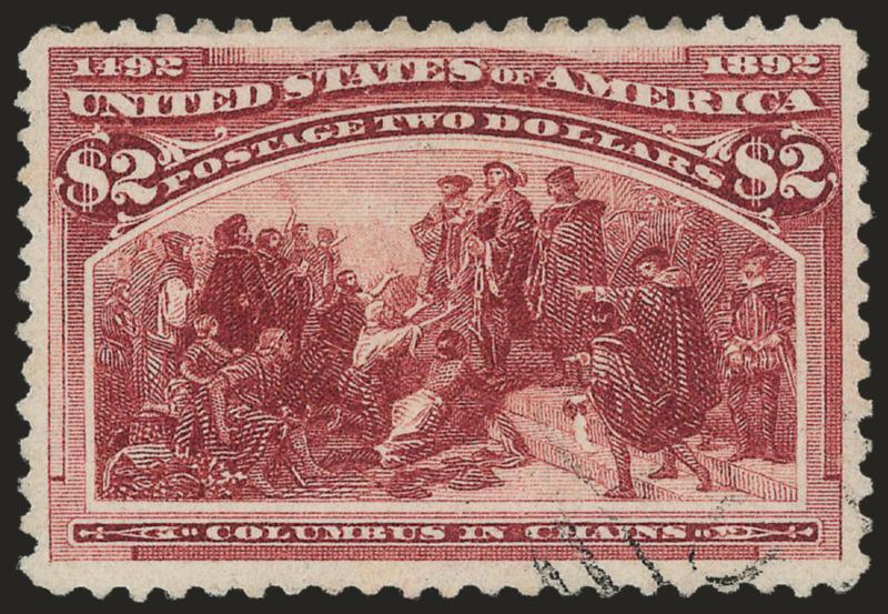 $2.00 Columbian (242).> Deep rich color and attractive centering, light cancel totally free of the vignette, Very Fine and choice, a pretty stamp, with 1986 P.F. certificate