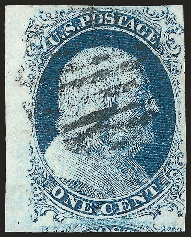 1c Blue, Ty. II (7).> Plate 2, huge margins to just touched at right including <sheet margin> at left and portion of adjoining stamp at bottom, deep rich color on fresh paper, grid cancel, Very Fine, with 1981
P.F. certificate
