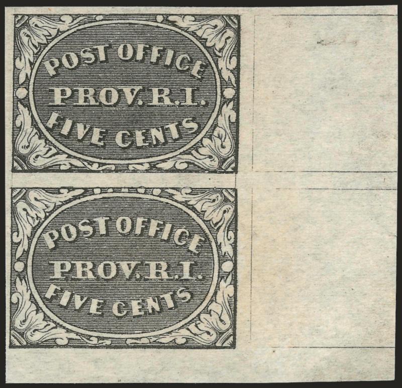Providence R.I., 5c Gray Black (10X1).> Positions 912, vertical pair, unused (no gum), large margins all around including huge corner sheet margins, Extremely Fine, with 1998 P.S.E. certificate, Scott Retail as
two No Gum singles