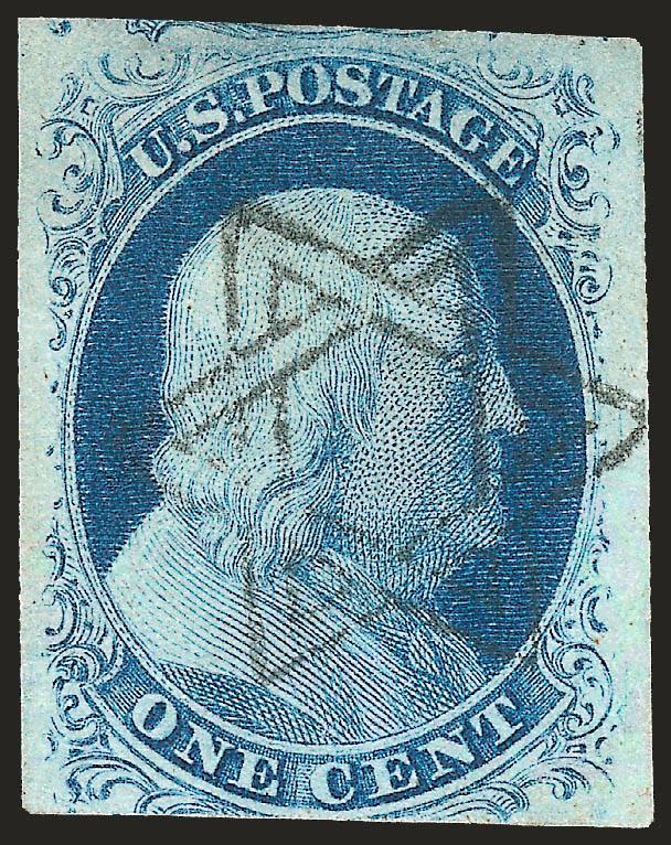 1c Blue, Ty. II (11).> Plate 2, large margins to barely in at bottom, rich color, cancelled by beautiful strike of <Chicopee Mass. Star of David fancy cancel,> Fine and attractive, ex Newbury, illustrated in
Ashbrook Vol. II (p. 93)