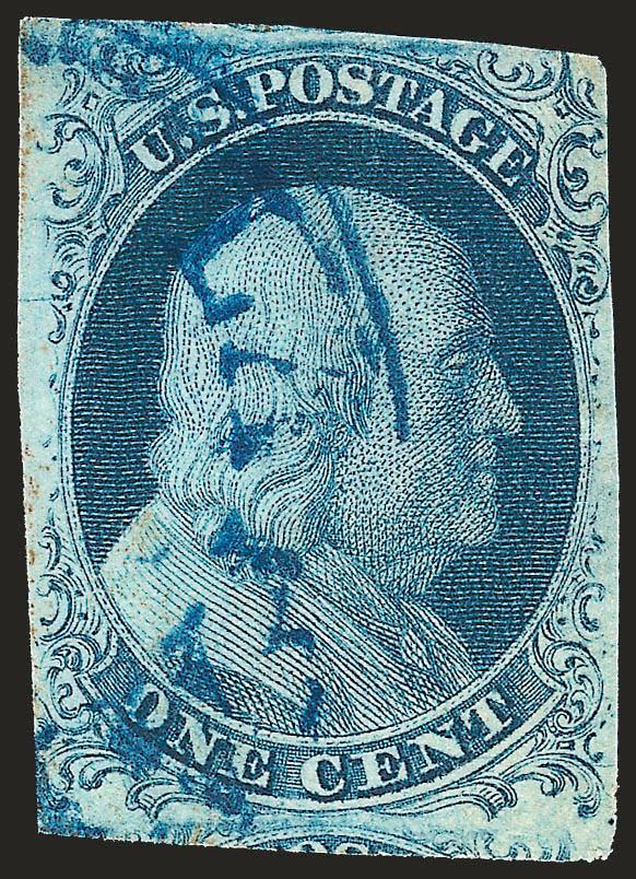 1c Blue, Ty. II, Plate 3 (7).> Position 21L3, showing lower corner surface cracks, deep rich color, cancelled by <blue> circular datestamp, small thin spot in right margin, Very Fine appearance, plated examples
from Plate 3 are scarce