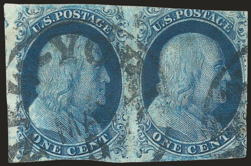 1c Blue, Ty. II, Plate 3 (7).> Positions 63-64L3, horizontal pair, margins clear to just in, bold strikes of New York circular datestamp, rich color, few flaws incl. creases and small thins, still Very Good-Fine
appearance, scarce pair from Plate 3