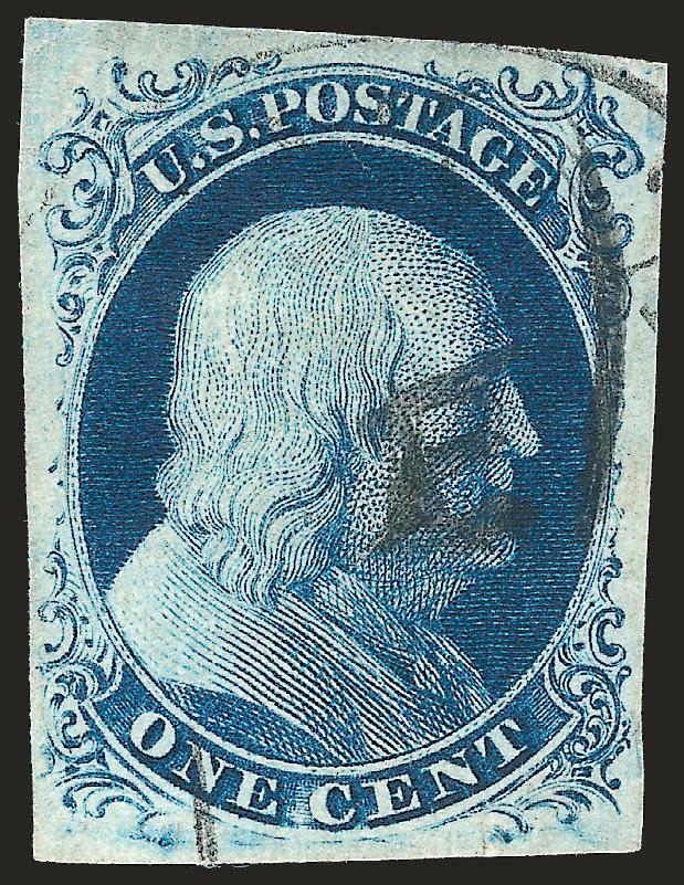 1c Blue, Ty. II (7).> Position 2L4, huge margins clearly showing the design characteristics, gorgeous dark color, sealed internal tear probably caused by heavy strike of obliterator, Extremely Fine appearance
despite the fault, Plate 4 Type II stamps