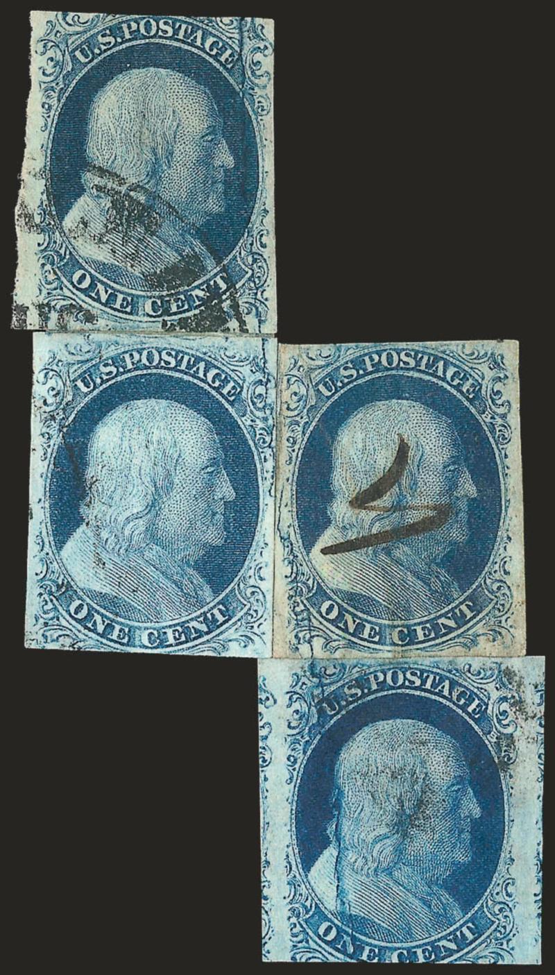 1c Blue, Ty. II, Plate 2 Crack (7 var).> Reconstruction of the crack with Positions 2L, 12L, 13L and 23L hinged together, margins vary, minor flaws, Fine-Very Fine appearance and scarce reconstruction