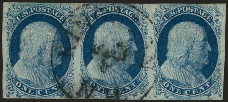 1c Blue, Ty. II (7).> Positions 61-63R2, horizontal strip of three, 61R2 is the double transfer <curl under the lower left plume>, large margins clear of design all around, strike of circular datestamp slightly
smudgy between left pair, otherwise Ver