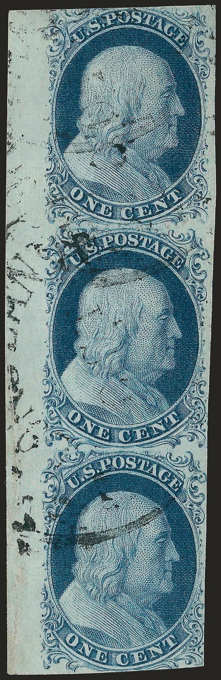 1c Blue, Ty. II (7).> Positions 718191R2, vertical strip of three, huge margins to just in incl. <sheet margin at left,> neat circular datestamp cancels, deep rich color, light corner crease in lower left
selvage, otherwise Very Fine