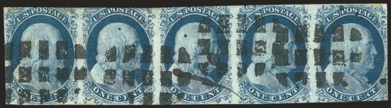 1c Blue, Ty. II (7).> Positions 86-90R2, horizontal strip of five, Position 89 with <double transfer>, margins clear to in, multiple strikes of grid of rectangles cancel, some toning along edges and tiny corner
crease, Very Good-Fine appearance, an i