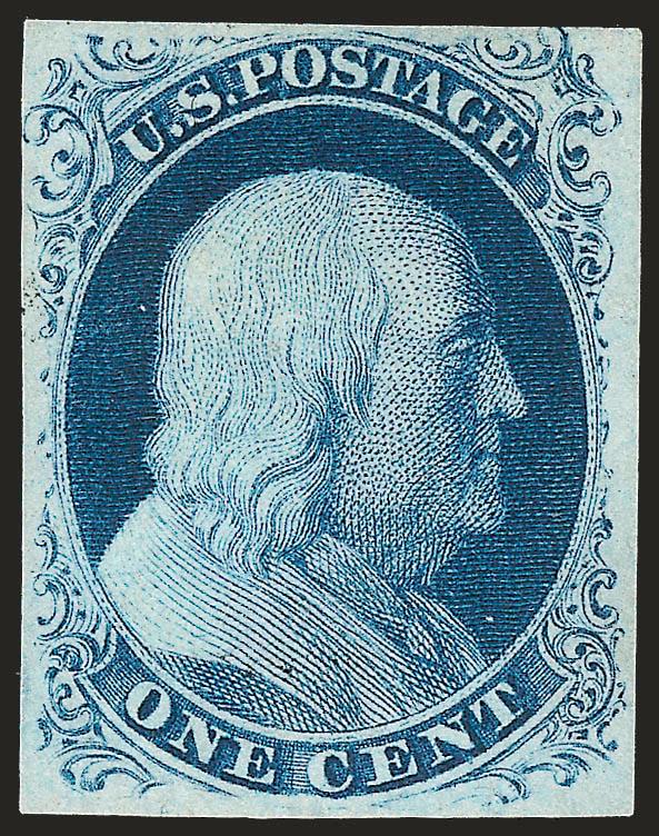 1c Blue, Ty. III (8).> Position 66R4, gorgeous Plate 4 color, tiny traces of black cancel (appears unused), full to clear margins showing the full design with clear breaks at top and bottom<><>^VERY FINE AND
CHOICE. A BEAUTIFUL LIGHTLY-CANCELLED EX