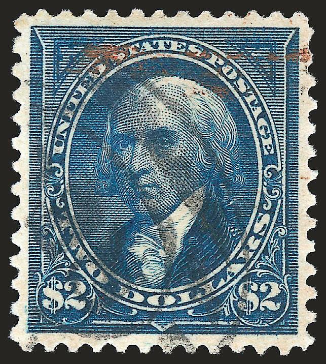 $2.00 Bright Blue (277).> Perfectly centered with wide margins, magnificent color nicely contrasted by double oval registry and <red> cancels<><>^EXTREMELY FINE GEM. A SUPERB USED EXAMPLE OF THE $2.00 1895
WATERMARKED ISSUE.^<><>Despite being mor