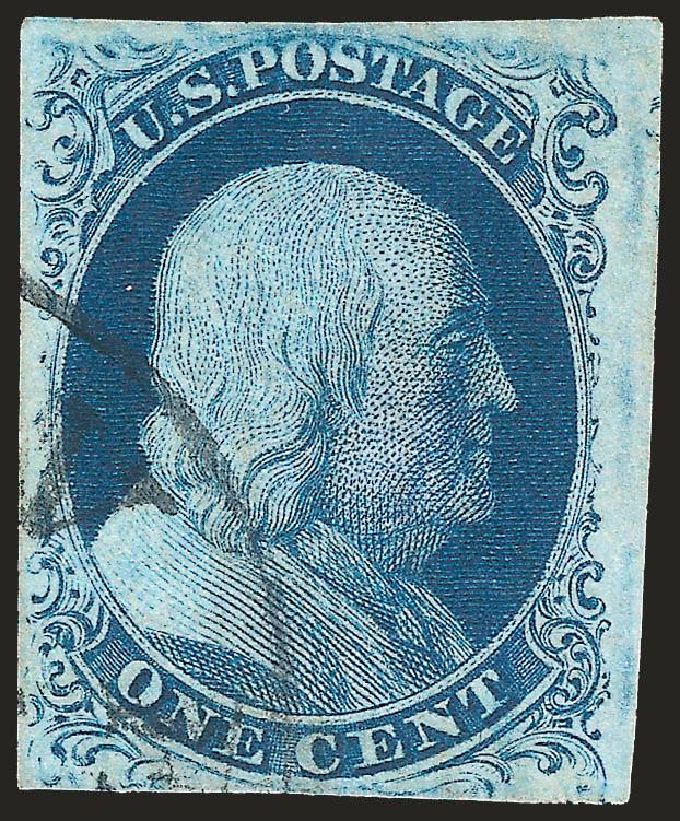 1c Blue, Ty. III (8).> Position 51L4, large margins to barely touched, showing clear breaks at top and bottom, radiant color, neat strike of face-free cancel<><>^VERY FINE. A BEAUTIFUL EXAMPLE OF THE 1851
ONE-CENT TYPE III IMPERFORATE, WITH WONDERF