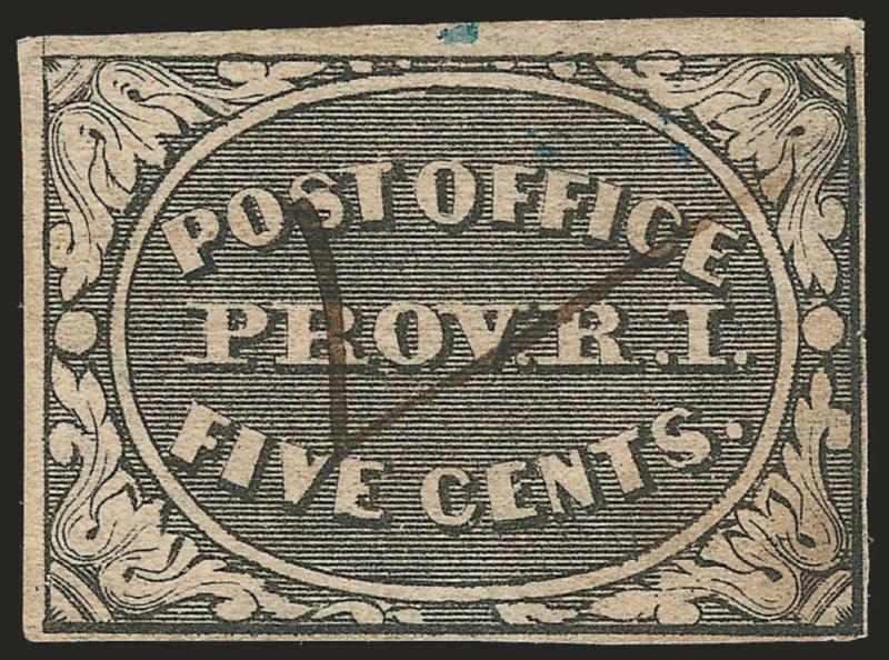 Providence R.I., 5c Gray Black (10X1).> Large margins to clear at right and bottom, neat manuscript check-mark cancel as is usually found on used examples of this issue, couple small thin spots and small bit of
extraneous blue ink at top, otherwise F