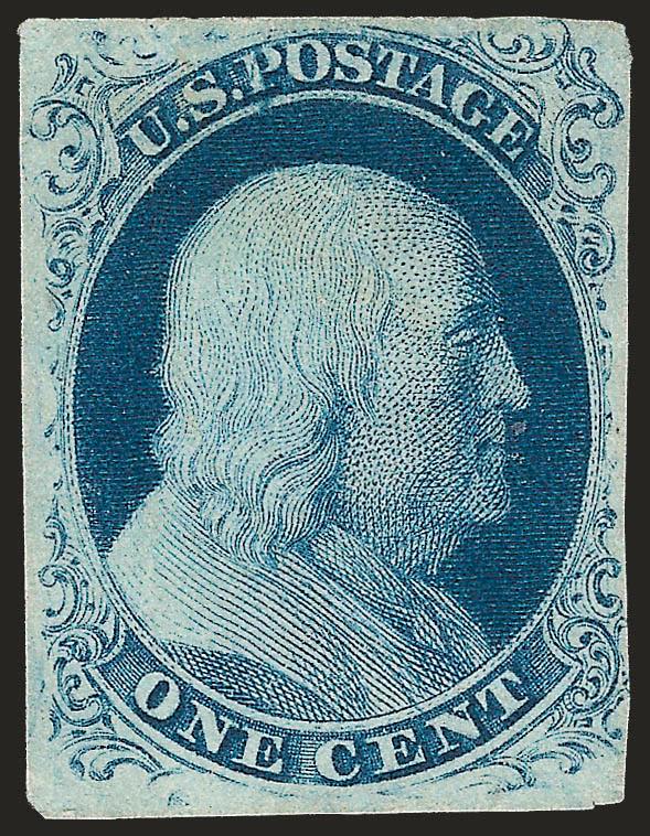 1c Blue, Ty. III (8).> Pos. 69L4, large margins to just touched, bright color, manuscript cancel expertly removed, otherwise Very Fine, with 2010 P.F. certificate, Scott Retail as with pen cancel