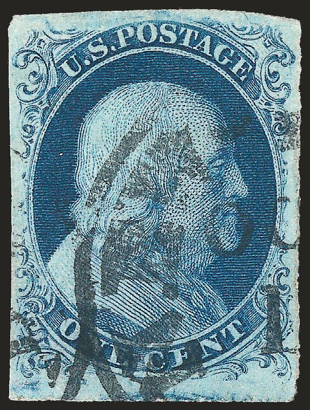 1c Blue, Ty. IIIa (8A).> Large margins all around incl. part of adjoining stamp at bottom, bright shade, clear break at top (the defining characteristic of the type), neat strike of New York circular
datestamp<><>^EXTREMELY FINE. A BEAUTIFUL USED E