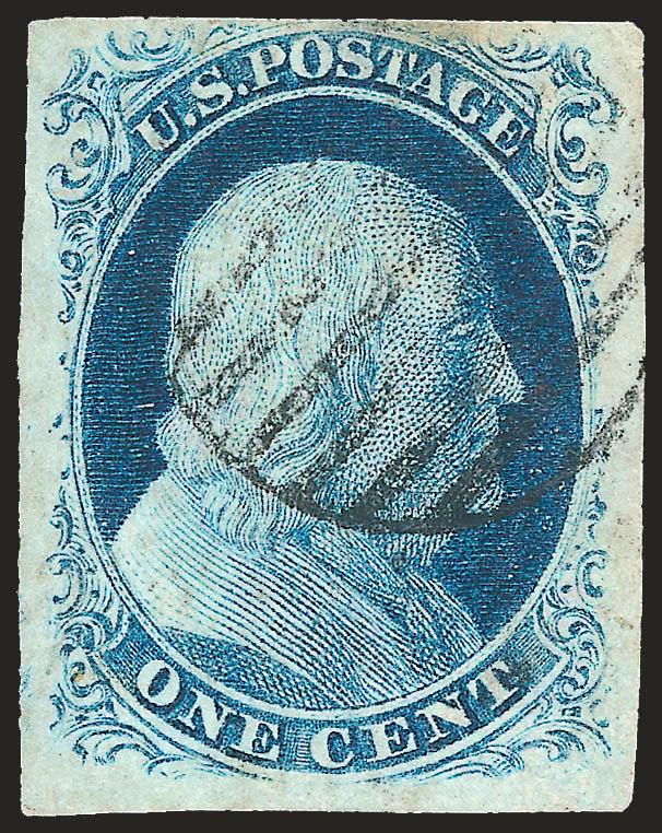 1c Blue, Ty. IIIa (8A).> Position 100R1E, <showing broken line at bottom>, three huge margins to just clear at top, rich color, neat circular grid cancel, small thin spots at top and light corner crease, Very
Fine appearance, a scarce example of Type