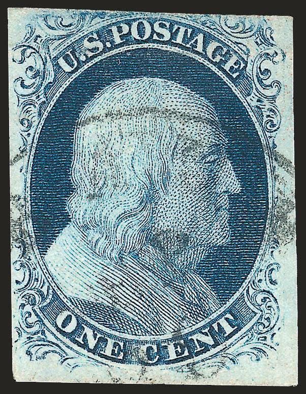 1c Blue, Ty. IIIa (8A).> Position 100R2, <a late impression from Plate 2 with broken line at bottom,> large to huge margins, light town cancel, Very Fine, Position 100R2 was originally a Ty. II with a lightly
transferred bottom line, as the plate wor