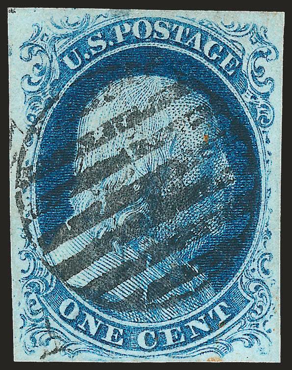 1c Blue, Ty. IIIa (8A).> Plate 1E, large to full margins all around, clearly showing the wide break at top, circular grid cancel, Very Fine, a pretty stamp, with 1985 and 1999 P.F. certificates