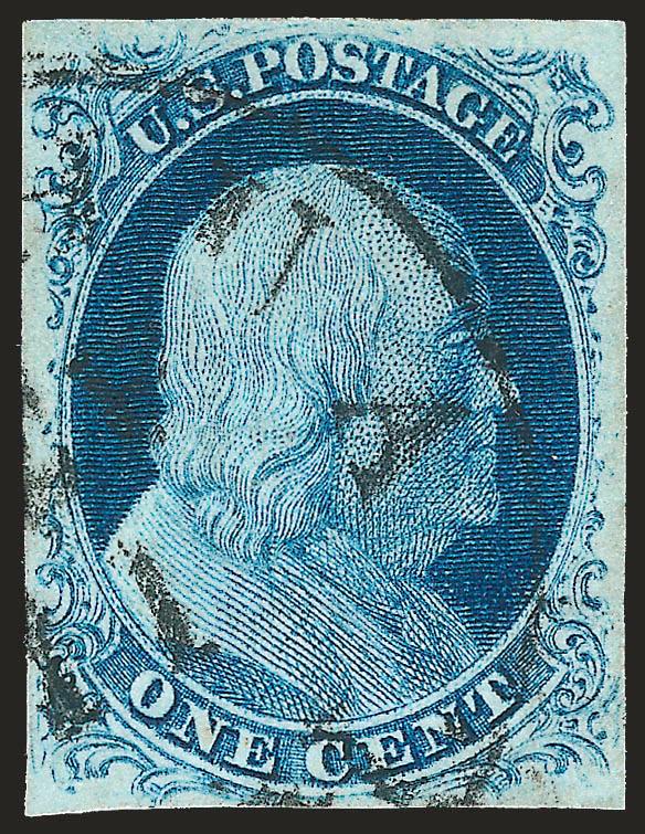 1c Blue, Ty. IIIa (8A).> Plate 1E, bright color, nicely balanced margins, particularly large at top showing clear break, circular datestamp cancel, Very Fine, with 1987 P.F. certificate