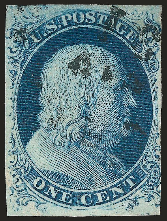 1c Blue, Ty. IIIa (8A).> Plate 4, 6th row F Relief, margins virtually all around, deep rich color, unobtrusively cancelled by small part of a circular datestamp, Fine and very attractive