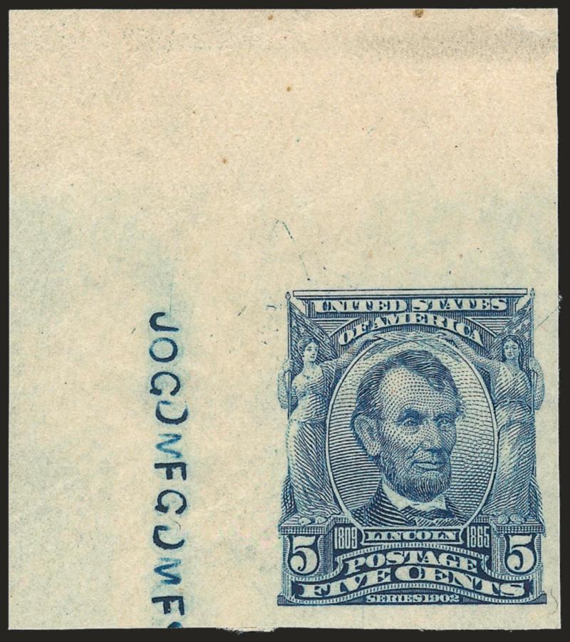5c Blue, Imperforate (315).> Mint N.H., huge margins incl. <top left corner sheet margin> with plate initials, detailed impression, slightly short gum at top of stamp as often seen with margin copies, couple
light selvage creases well away from the d