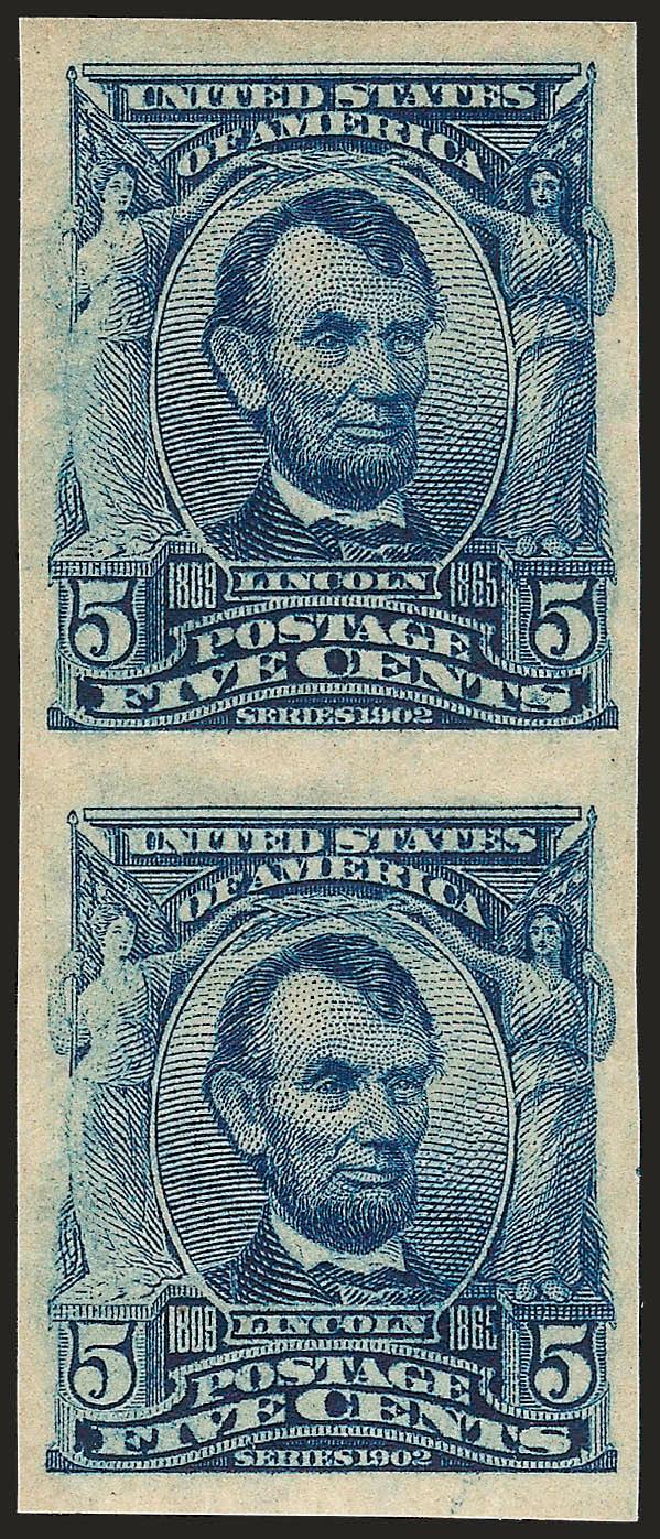 5c Blue, Imperforate (315).> Mint N.H. vertical pair, large margins, bright color, Very Fine and choice