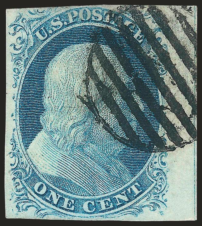1c Blue, Ty. IIIa (8A).> Position 40L1E, with broken line at top, large to clear margins with <sheet margin and center line> at right, rich color, bold strike of grid cancel, thin spot at top not mentioned on
accompanying certificate, Very Fine appea