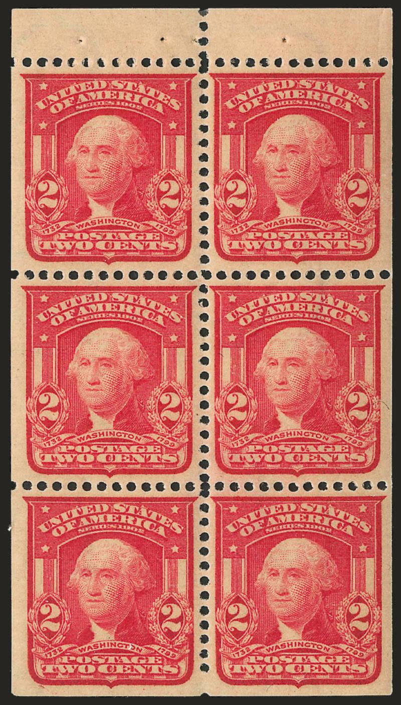 2c Carmine, Ty. I, Booklet Pane of Six (319g).> Mint N.H., bright color, detailed impression, wide and balanced margins, Extremely Fine Gem, with 2008 P.S.E. certificate