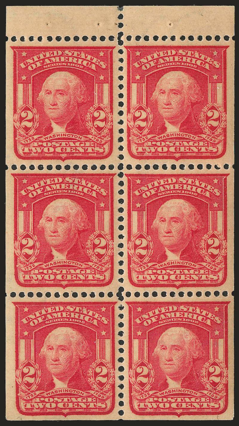 2c Carmine, Ty. I, Booklet Pane of Six (319g).> Mint N.H., wonderfully warm color, gorgeous centering throughout, Extremely Fine Gem, scarce in such choice condition, with 2008 P.S.E. certificate