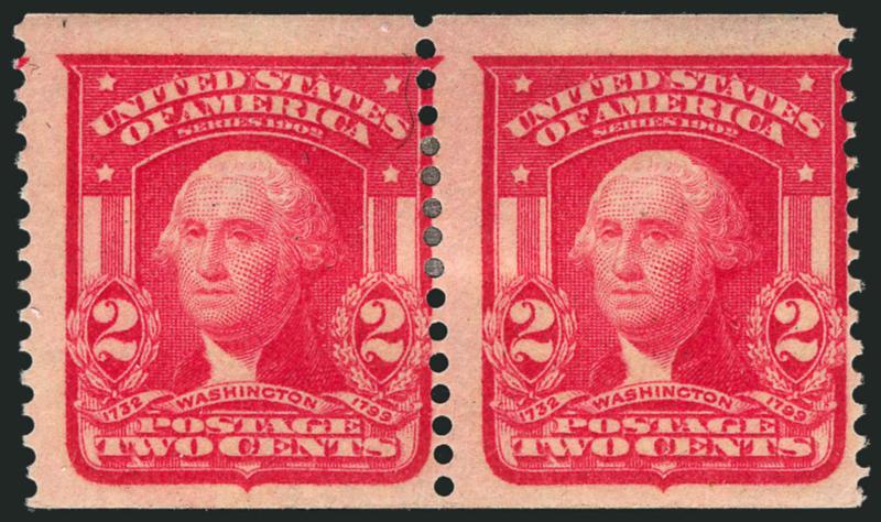 2c Scarlet, Imperforate, International Vending Machine Co. Private Perforation 12-12 to 13 (320b var).> Pair, h.r., centered to right, vivid color, tiny tear at bottom of left stamp, Fine appearance, with 2010
P.F. certificate