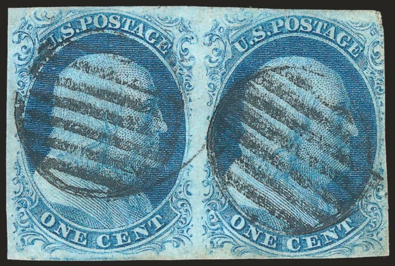 1c Blue, Ty. II-IIIa (7-8A).> Positions 32-33L1E, horizontal pair, large margins to just touching at right, neat circular grid cancels, pretty Plate 1E color, couple small faults, Very Fine appearance, with 1987
P.F. certificate