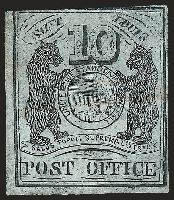St. Louis Mo., 10c Black on Greenish (11X2).> Type I, Position 2, large margins to just in at top, intense shade, lightened pen cancel, vertical crease and tiny thins<><>^FINE APPEARANCE. AN ATTRACTIVE AND SCARCE
EXAMPLE OF THE 10-CENT ST. LOUIS PO