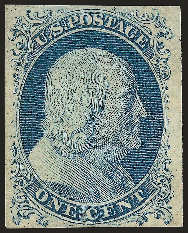 1c Blue, Ty. IV (9).> Recut once at top, twice at bottom, original gum, ample to huge margins, nice color and clear impression, some minute toning spots showing mostly on left side, otherwise Very Fine, with
photocopy of 2004 P.F. certificate for blo