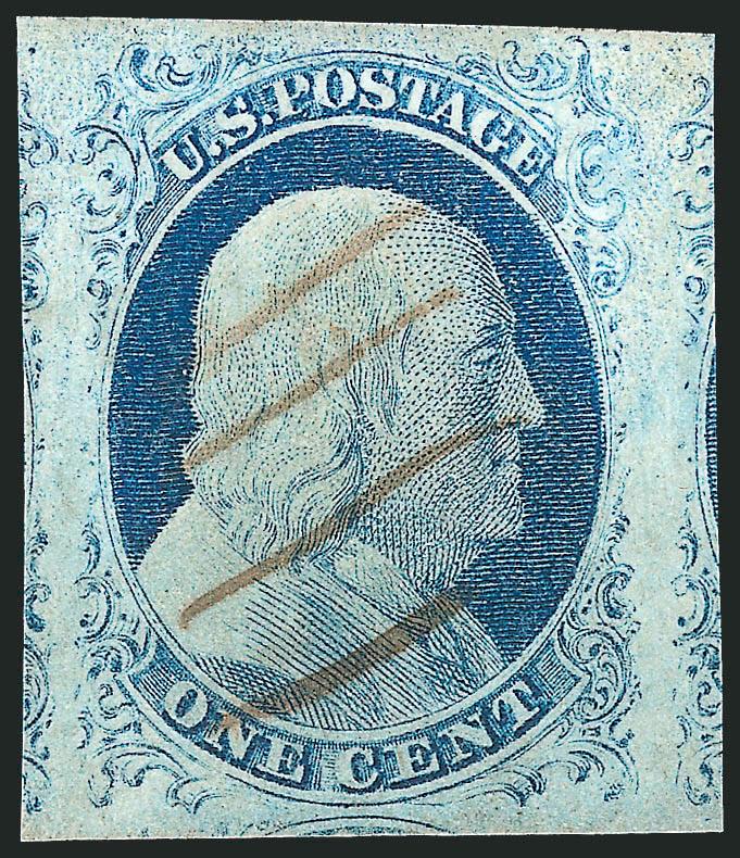 1c Blue, Ty. IV (9).> Position 5R1L, double transfer, huge to enormous Jumbo margins showing parts of three adjoining stamps, attractive color, neat ms. cancel, Extremely Fine Gem, choice top row position (this
was a Type Ib on early state of plate),