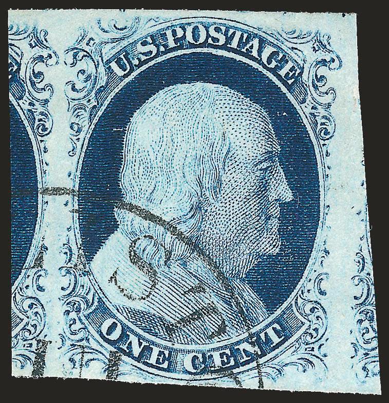 1c Blue, Ty. IV (9).> Recut once at top and once at bottom, huge margins incl. significant portions of adjoining stamp at sides, deep rich color on bright paper, unobtrusive circular datestamp, Extremely Fine,
with 1989 P.F. certificate