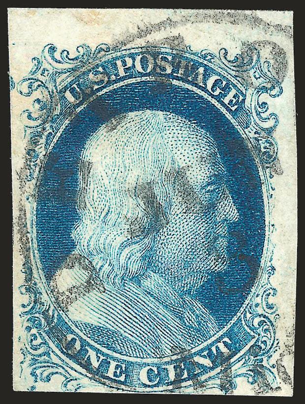 1c Blue, Ty. IV (9).> Position 10R1L, recut twice at bottom, double transfer, three large margins incl. sheet margin at top, barely touched at bottom, Detroit circular datestamp, Very Fine, an attractive stamp
from a desirable position, only 11 posit