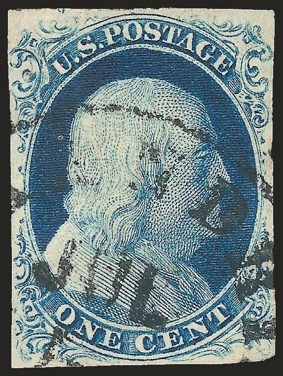1c Blue, Ty. IV (9).> Position 79L1L, <recut twice at top and twice at bottom,> one of only two double recut positions on the plate, large margins, rich color, town datestamp, small thin spot at top left, Very
Fine appearance