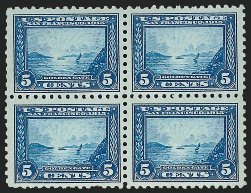 5c Panama-Pacific, Perf 10 (403).> Mint N.H. block of four, fresh, rich color, bottom left stamp slightly pulled perf and top left couple perfs trifle blunt, otherwise Fine-Very Fine