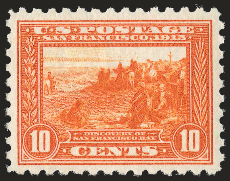 10c Panama-Pacific, Perf 10 (404).> Mint N.H., vibrant color as fresh as the day it was printed, wide margins and beautiful centering for this difficult issue, Very Fine and choice, the 10c Perf 10 is seldom
encountered in well-centered Mint N.H. con