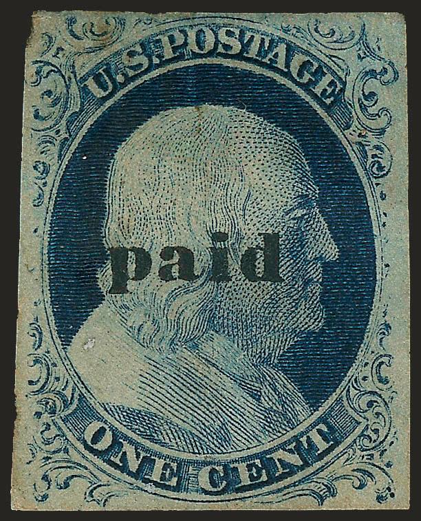 1c Blue, Ty. IV (9).> Large margins to clear all around, <printed paid precancel> in lower-case type, used at Cleveland O., toned spots, otherwise Very Fine and rare, probably fewer than ten copies combined of
the lower and upper-case precancels ar