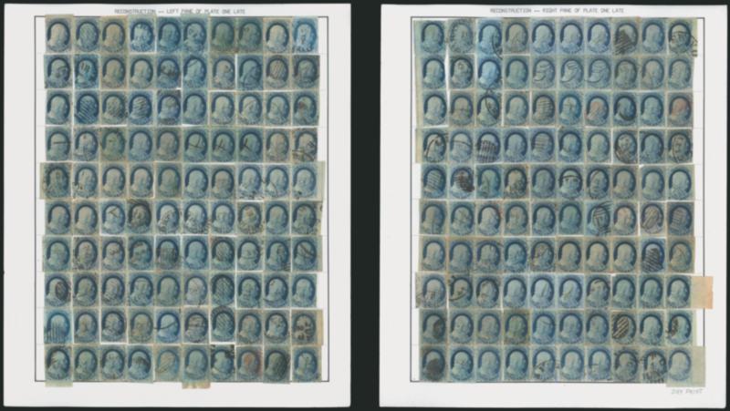 1c Blue, Ty. IV, Plate 1 Late Reconstruction (9).> Complete reconstruction of Plate 1 Late, Left and Right panes, 200 stamps incl. 15 strips of three, 5 pairs and singles, several with sheet margins incl. Pos
100R with huge <corner margins> (dry prin