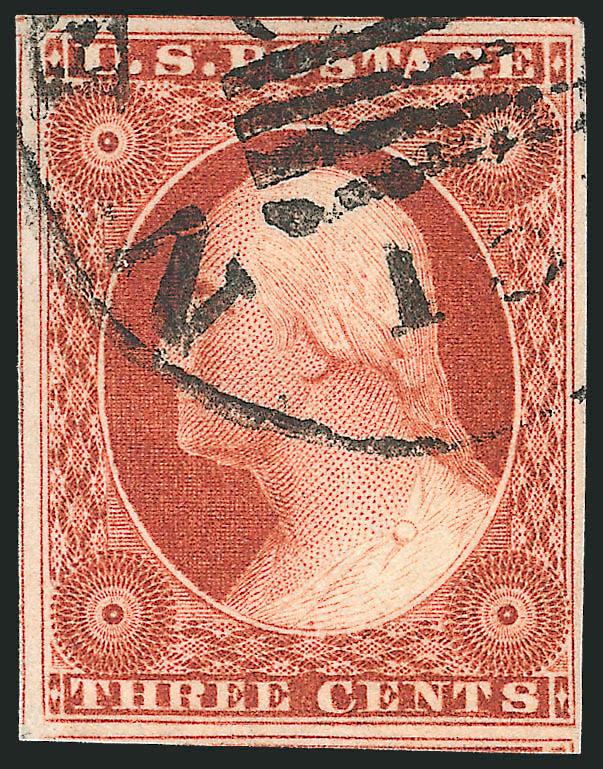 3c Orange Brown, Ty. II (10A).> Large to huge margins all around incl. part of adjoining stamps on three sides, radiant color as fresh as the day it was printed, bold strike of New York circular datestamp with
slug, Extremely Fine, with 2009 P.S.E. c