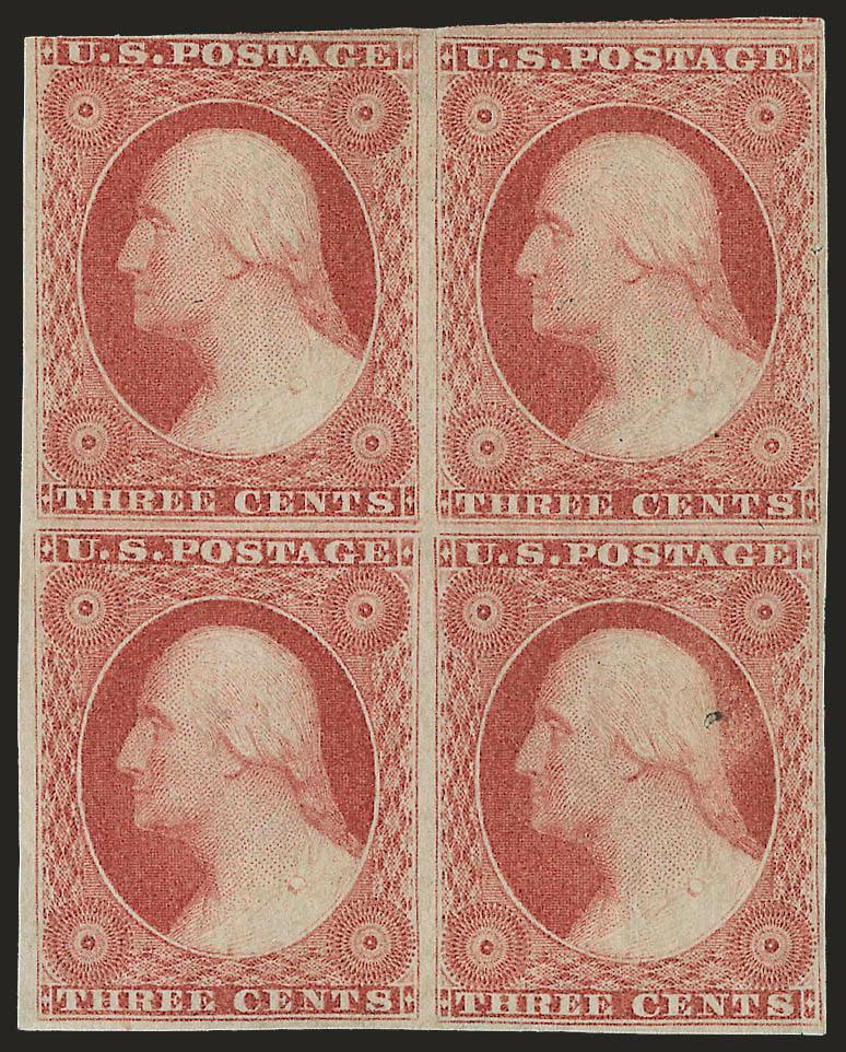 3c Dull Red, Ty. I (11).> Block of four, original gum, h.r., large margins to just touched at top left, few small flaws incl. ink mark at bottom right and surface scrape at top right, Fine-Very Fine
appearance