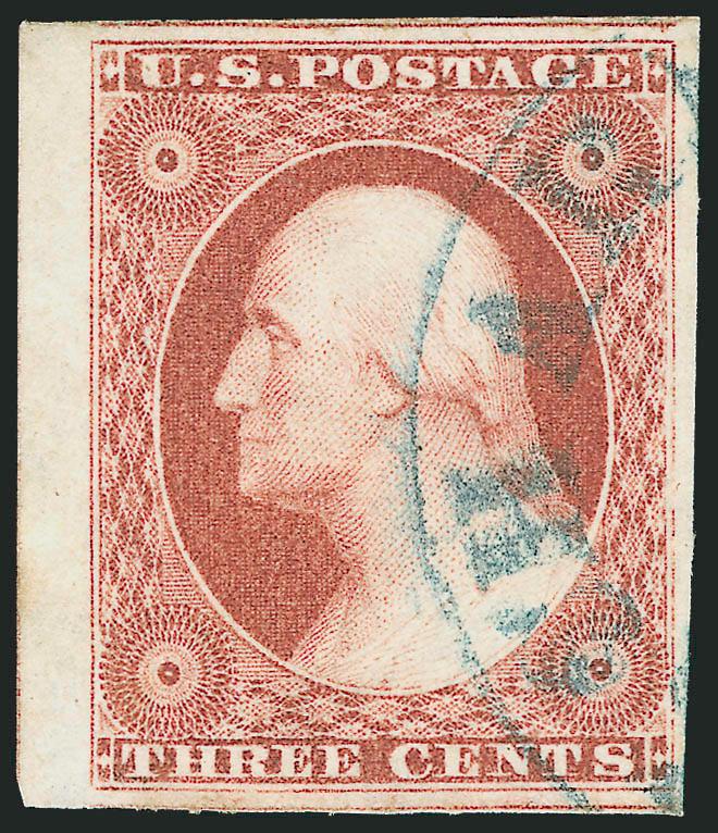 3c Brownish Carmine, Ty. II (11A).> Huge margins all around incl. <left sheet margin> and parts of adjoining stamps above and below, <blue town datestamp> neatly struck clear of Washingtons profile, intense
shade, Extremely Fine Gem, with 2004 P.F.