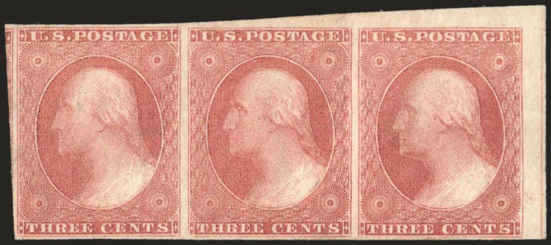 3c Dull Red, Ty. II (11A).> Horizontal strip of three, part original gum, huge margins to clear incl. part of adjoining stamp at left, <straddle-pane> margin at right and <sheet margin> at top, radiant color,
light gum soak at left, otherwise Very Fi